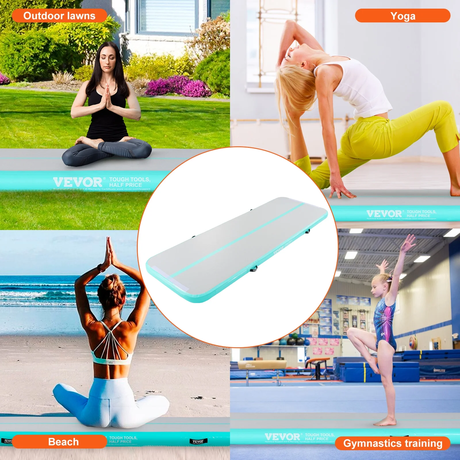VEVOR Gymnastics Air Mat, 4 inch Thickness Inflatable Gymnastics Tumbling Mat, Tumble Track with Electric Pump, Training Mats for Home Use/Gym/Yoga/Cheerleading/Beach/Park/Water, 10 ft, Mint Green - Image 5