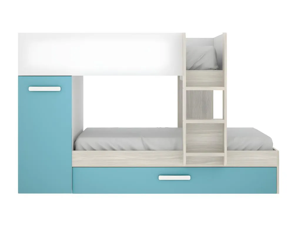 Litera con cama nido y compartimentos 3x90x190 cm en blanco, natural y azul Nidovia. ppe126213