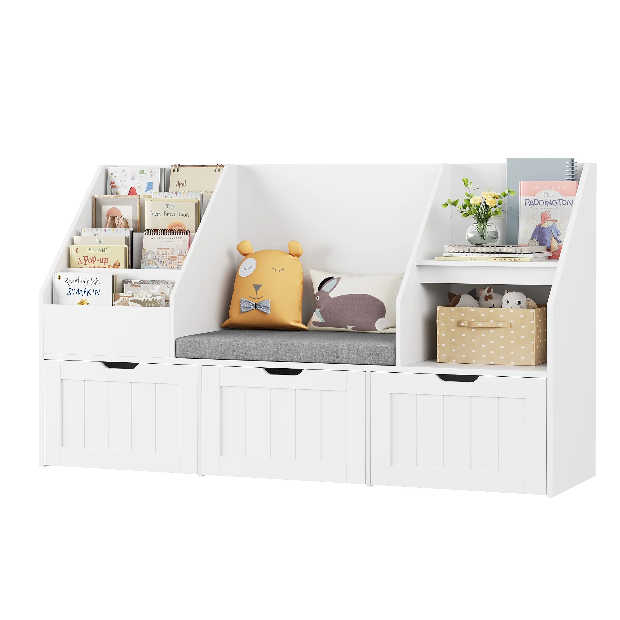 Homfa Kids Bookshelf with Reading Nook & 3 Movable Drawers, 2 Cube Bookcase with 4-Tier Book Racks, Toy Storage Organizer for Playroom Bedroom, White - Image 9