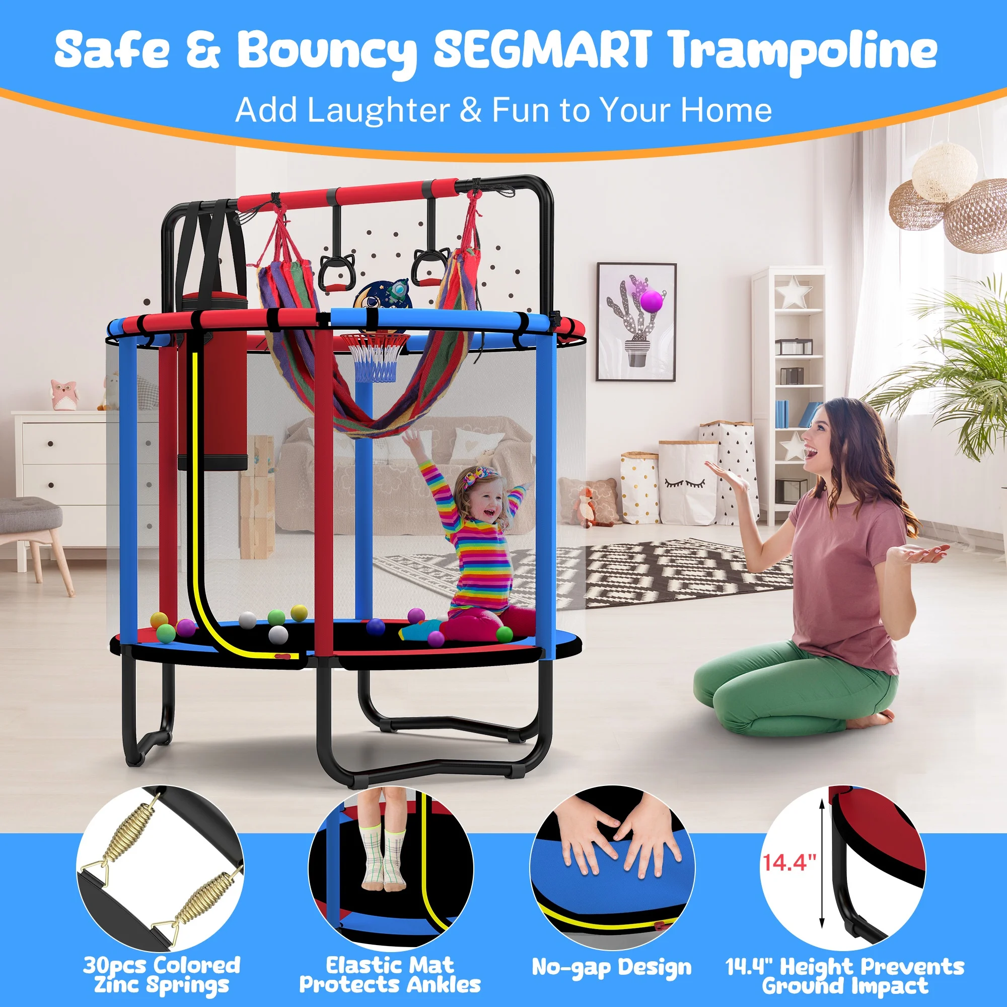 Mini Round Trampoline for Kids with Basketball Hoop, SEGMART 55'' Indoor Outdoor Toddler Trampoline with Enclosure Net, Swing, Sandbag, Ring, Ocean Balls, Small Trampoline Gift for Boys Girls, Blue - Image 9