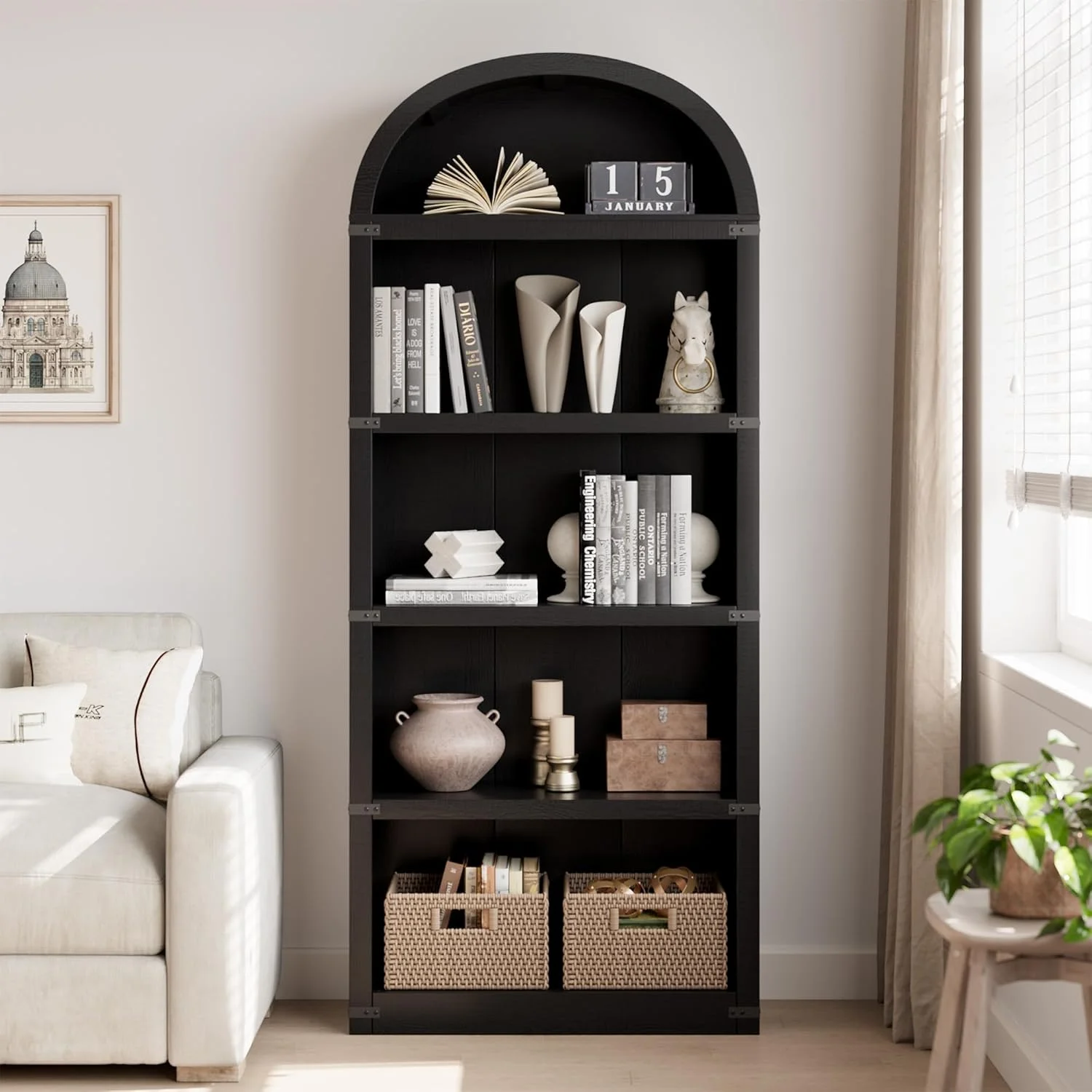 Bookcase 5 Shelf Arched Bookshelf 71.65in Tall Bookcase Farmhouse Display Storage Rack Wooden Bookshelves for Home Office, Living Room(white) - Image 17