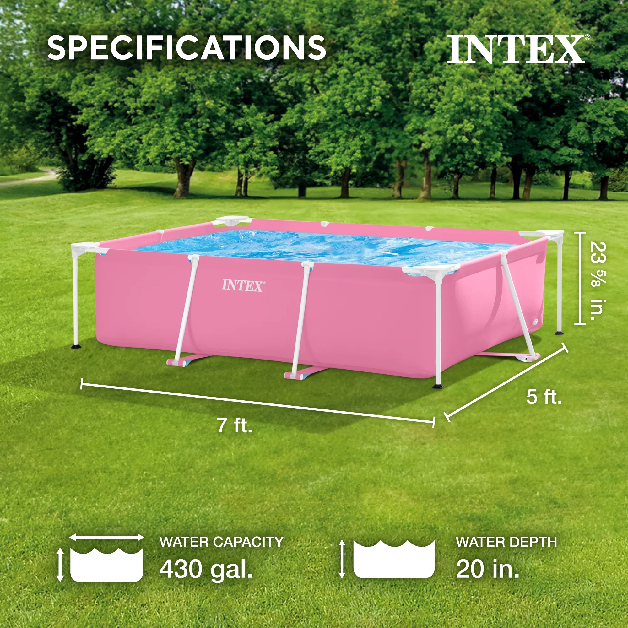 Open Box INTEX Rectangular Metal Frame 7ft x 23in Above Ground Swimming Pool, Pink - Image 2