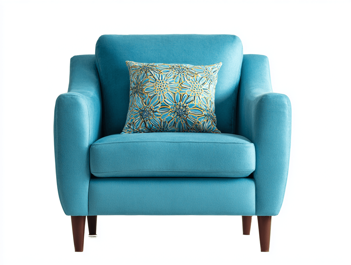 Sillón individual tapizado en tela – azul – con cojín decorativo