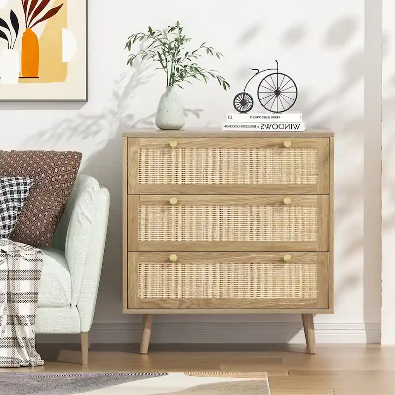 Modern Boho 3-Drawer Rattan Dresser - Stylish Chest of Drawers with Ample Storage for Your Bedroom