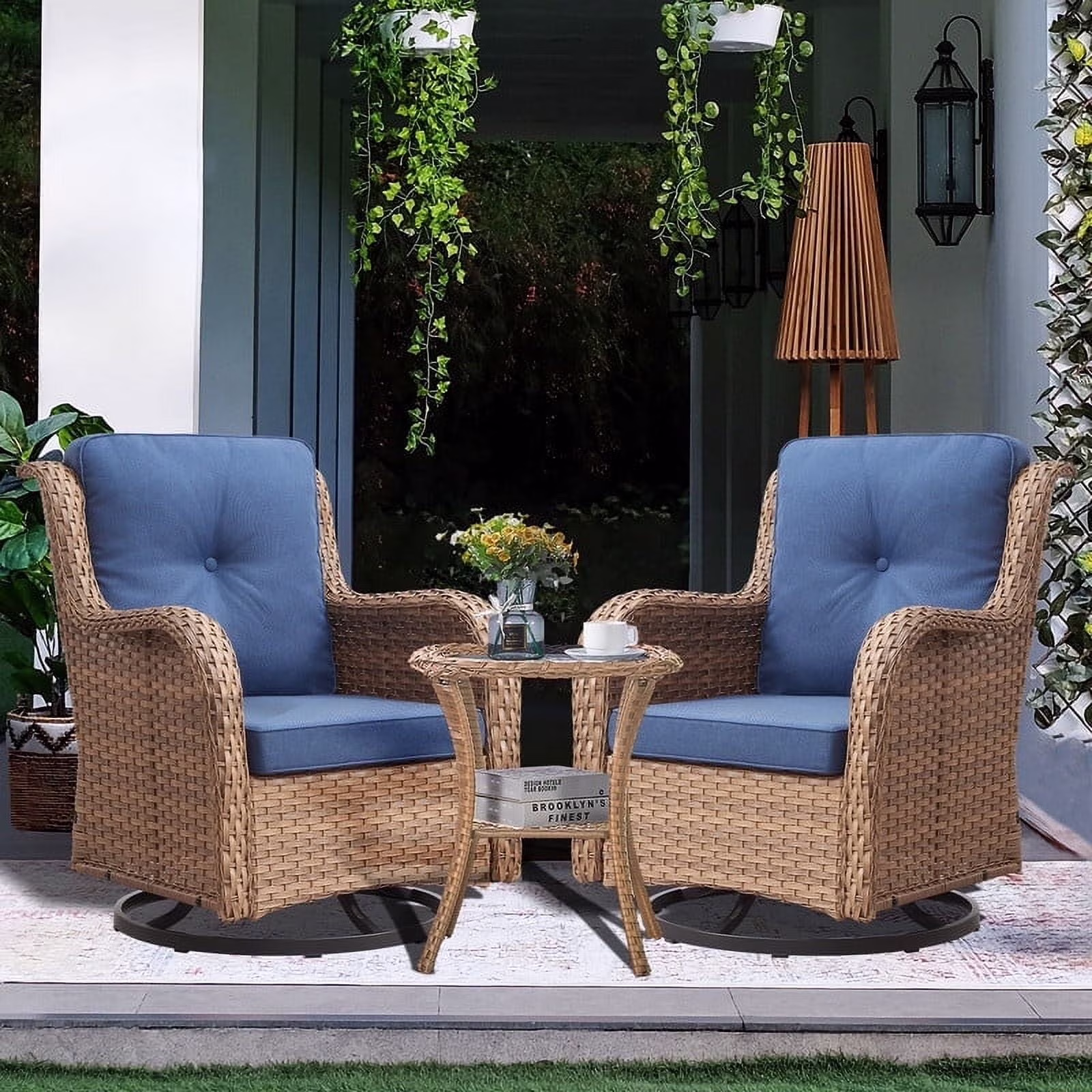 POCASSY 3 Piece Patio Set Outdoor Wicker Glider Rocking and Swivel Chairs with Cushions - Image 5