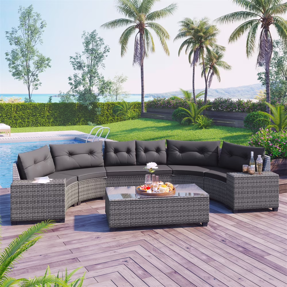 8 Pieces Outdoor Wicker Round Furniture Set, All Weather Half-Moon Sectional Patio Sofa Sets with Rectangular Coffee Table, Beige - Image 3