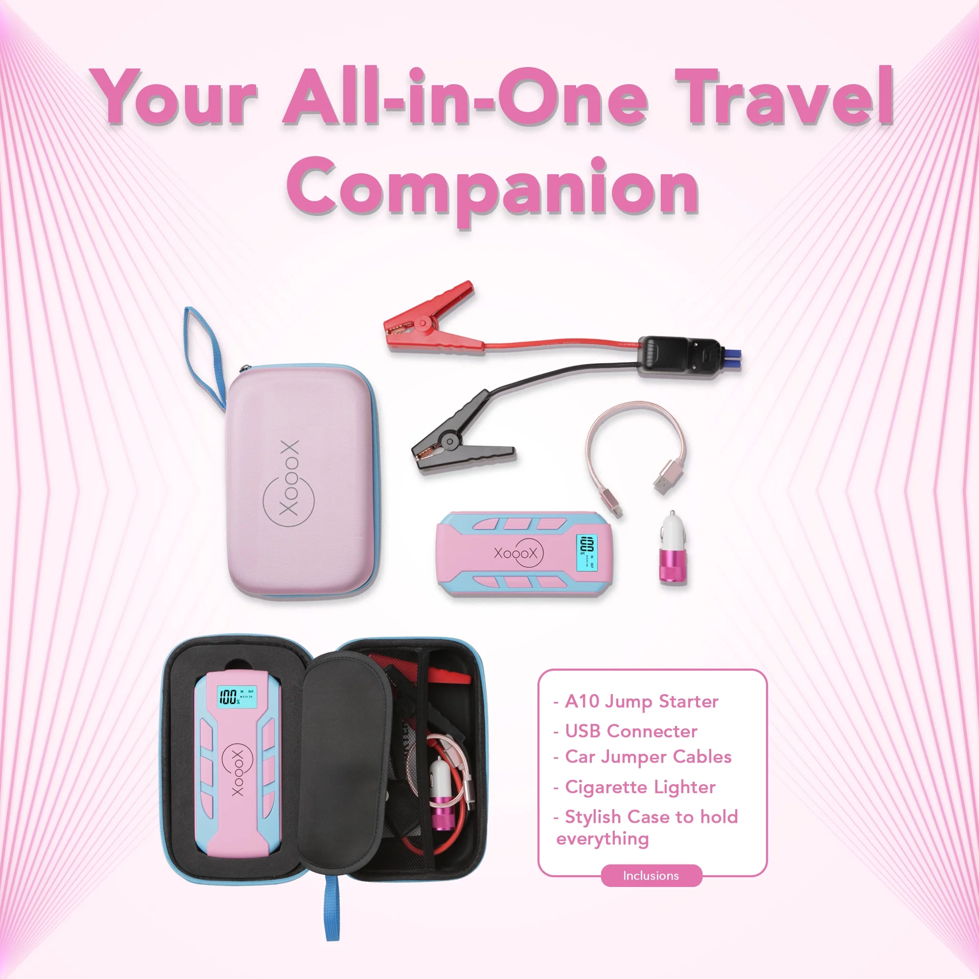 XoooX Pink Portable Car Battery Jump Starter Kit with Jumper Cables, LED Light and Case; 12V Jump Start Battery Pack; Portable Battery Charger for USB/USB-C Devices - Image 5
