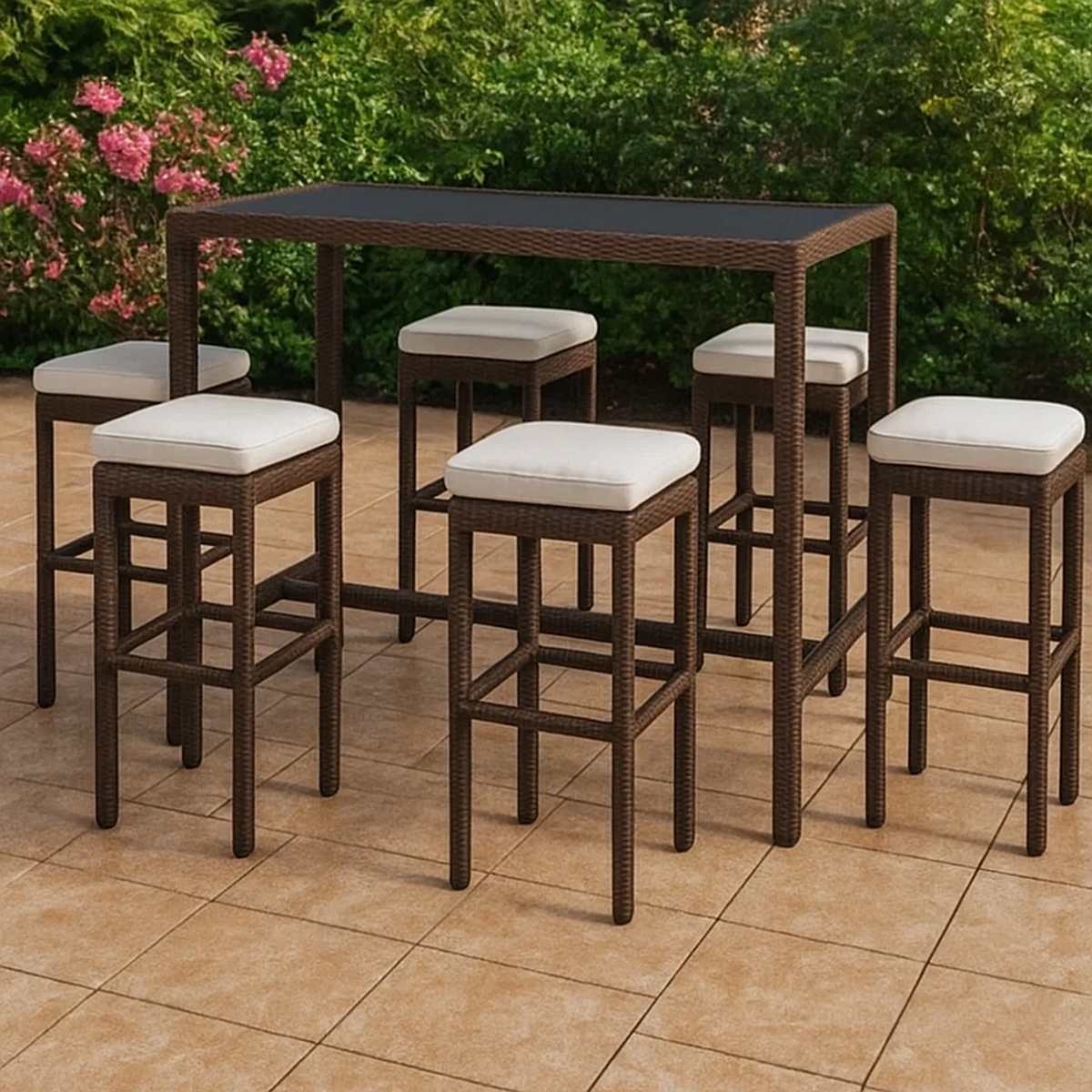 Conjunto de bar para jardín 7 pzas ratán sintético marrón con cojines – mesa alta y 6 taburetes