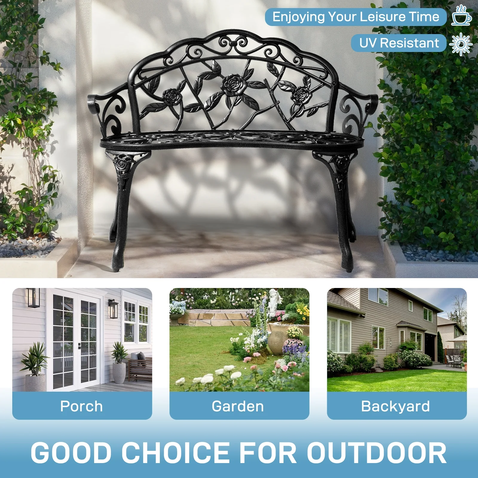 Ktaxon Outdoor Patio Park Garden Bench Courtyard Leisure Rose Cast Aluminum, Outdoor Loveset, Bronze - Image 26
