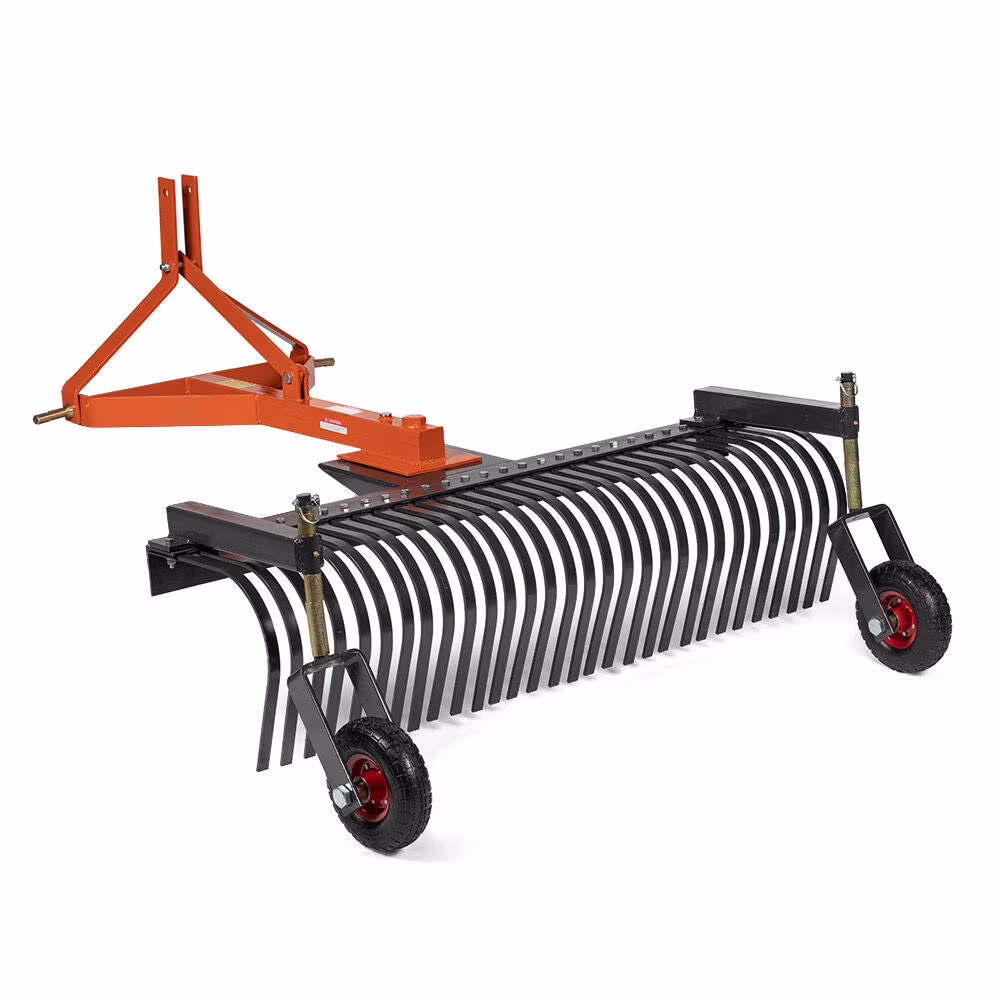 Titan Attachments 3 Point 5 FT Landscape Rake with Bolt - on Wheels for Compact Tractors, Fits Category 1 Hookup, Tow - Behind Garden Tool, Landscaper, and Grass Comb(6 FT)
