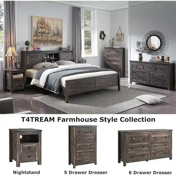 Farmhouse Platform Bed with Storage Headboard Sliding Doors and Charging Station