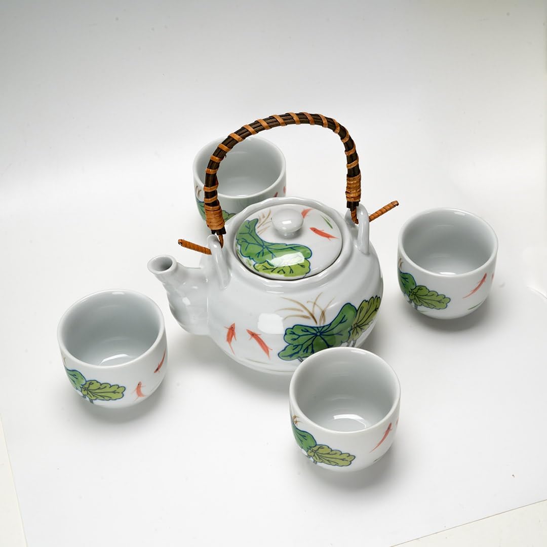Japanese Style Porcelain Tea Set, 22 fl oz Teapot with 4 Cups, Koi Fish and Lotus Leaf Design, White, Top Pour Bamboo Handle