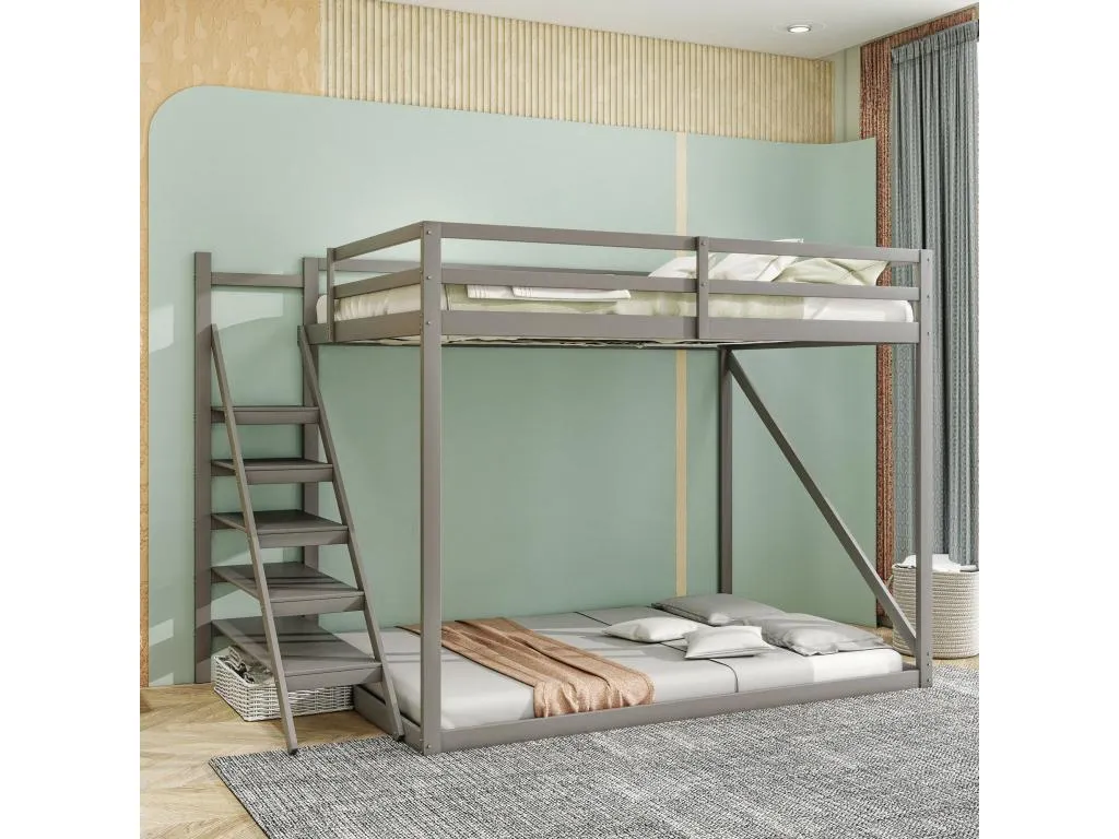 Literas 140x200 cm con escalera de seguridad - Decoesp maciza - somier de láminas sólo arriba - gris HKYR72769