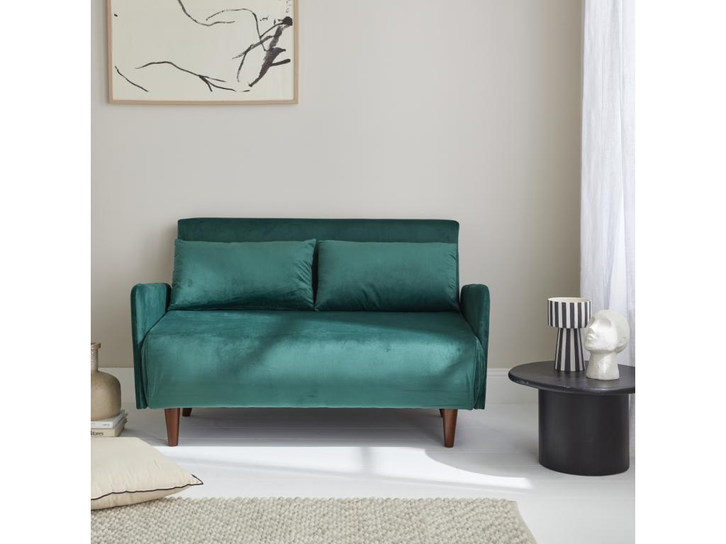 Sofá cama doble de terciopelo verde con patas de madera