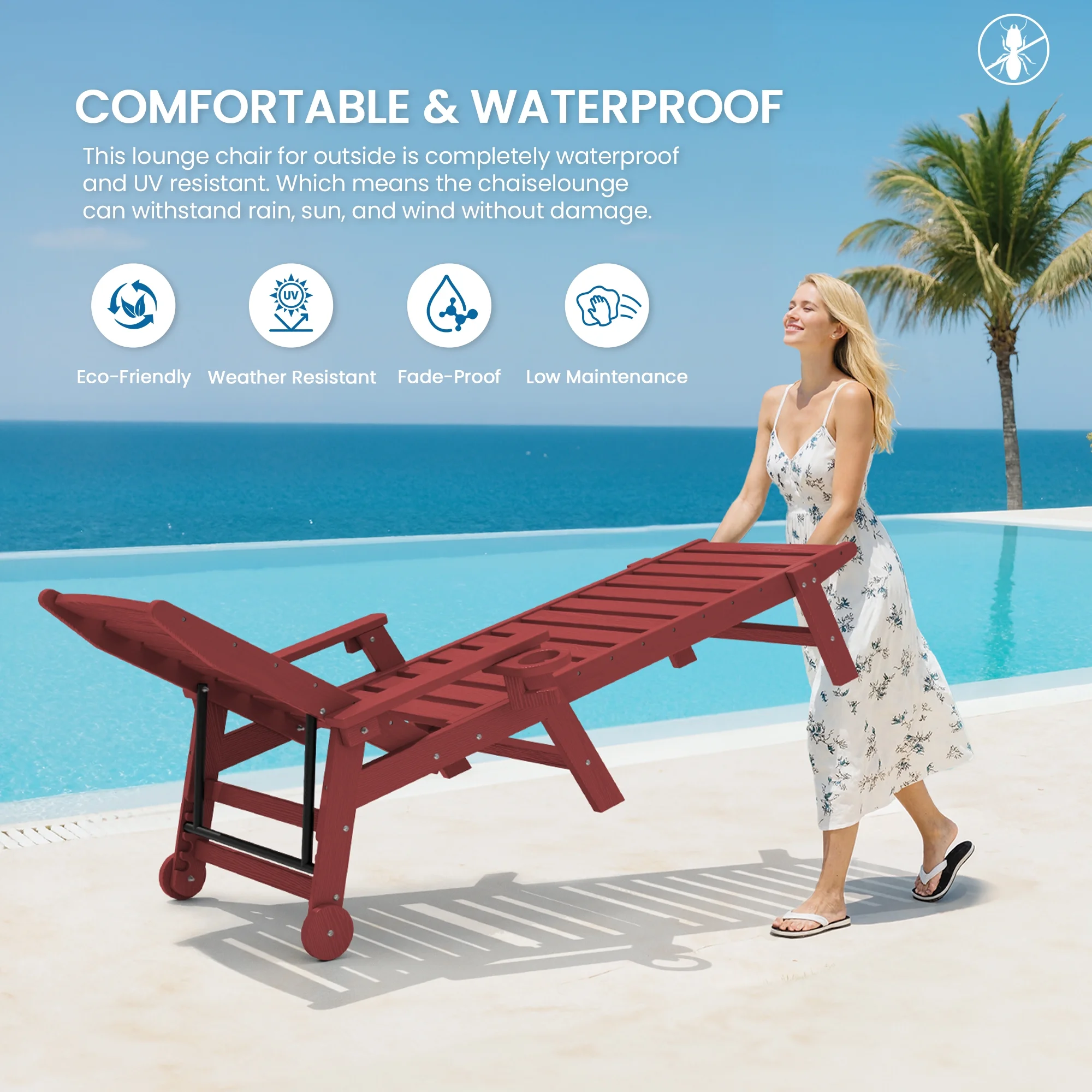 SERWALL Patio Chaise Lounge Chair, 78'' HDPE Outdoor Lounge Chair 5 Positions Pool Lounger Navy Blue - Image 49