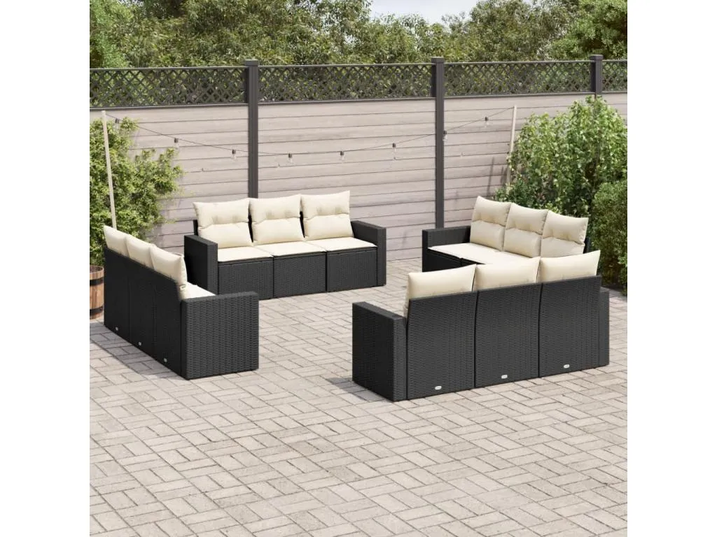 Set de sofás de jardín 12 piezas cojines ratán sintético negro