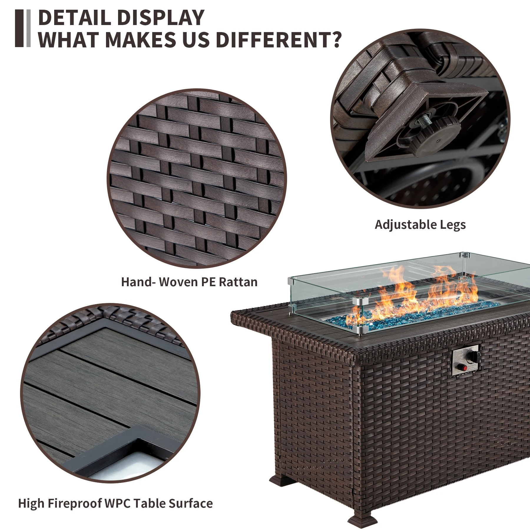 HOMREST Propane Fire Pit Table, 44 Inch 50,000 BTU Auto-Ignition Gas Fire Pit Table Rectangular /w Glass Wind Guard, Wood Plastic Composites Tabletop, CSA Certification Firepit for Outdoor Patio Lawn - Image 10