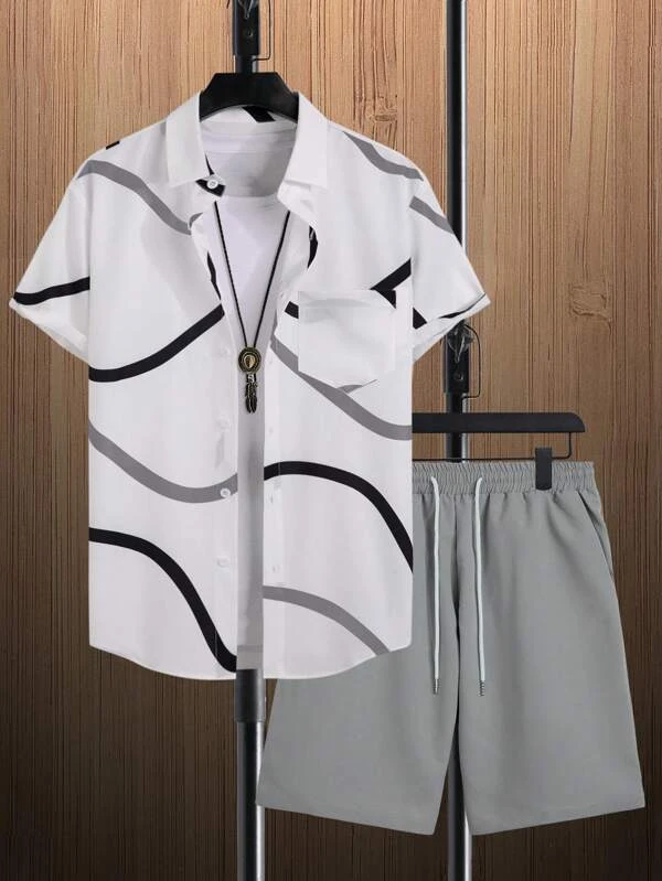Suitmens Men's Hawaiian Print Short Sleeve Shirt Set