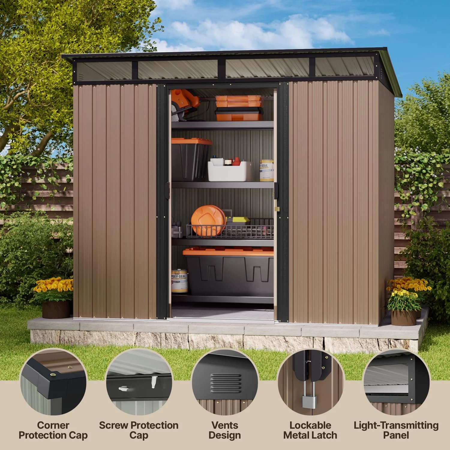 5'x3' Outdoor Storage Shed, Asofer Shed and Outdoor Storage Clearance, Weatherproof Tool Shed, Brown - Image 45