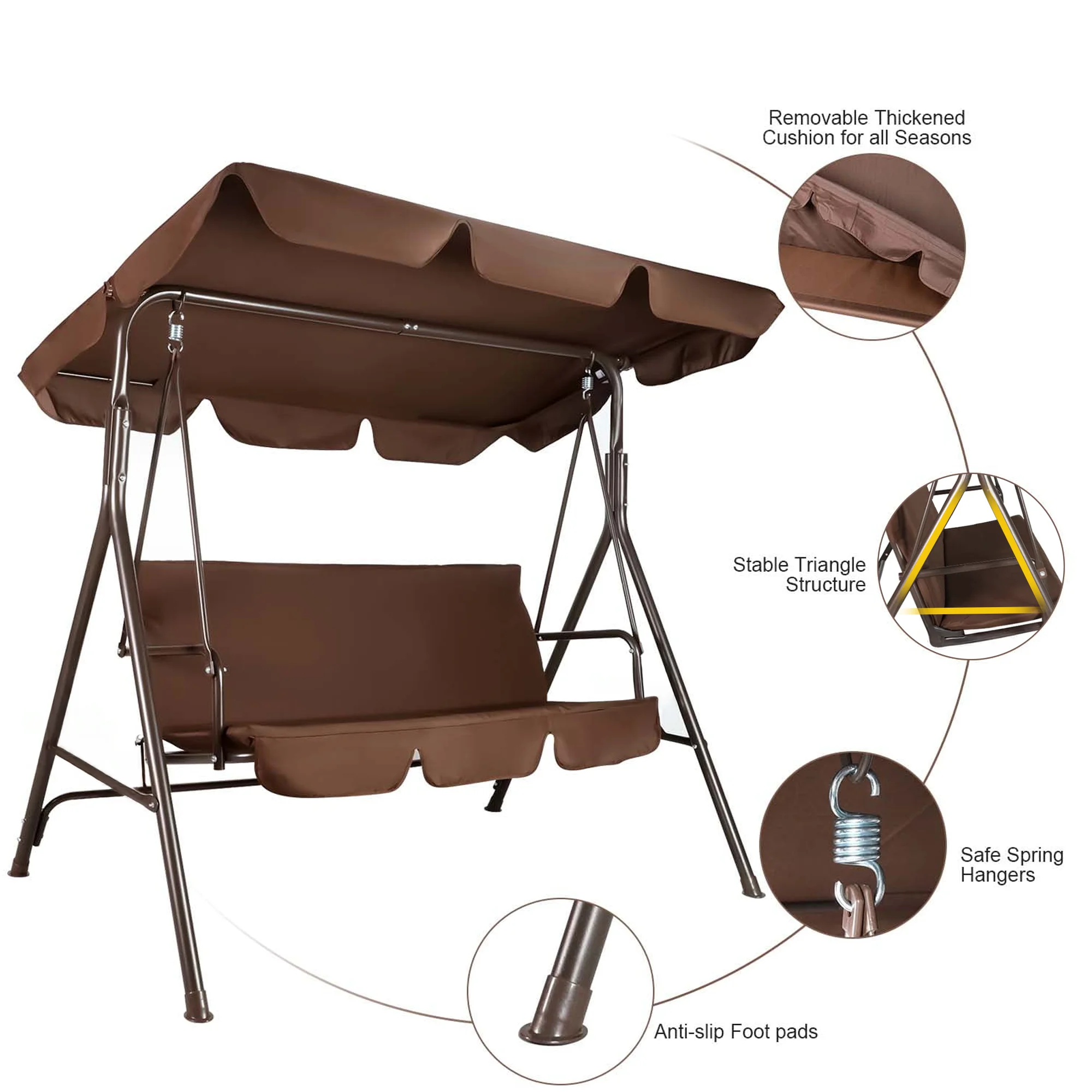 GVDV 3-Seat Steel Porch Paito Swing with Stand,Outdoor Swing Chair with Canopy,Yard swing&Outside swing,Canopy Swing-Brown - Image 7