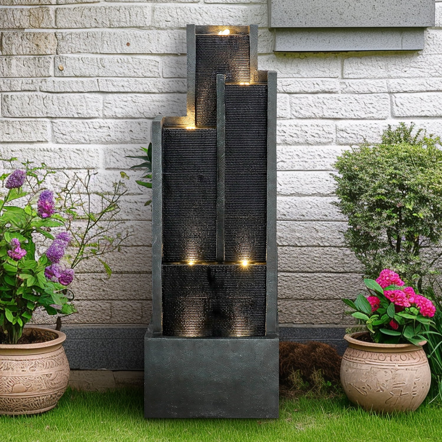 4-Tier Water Fountain with LED Lights - 50.7" H Waterfall Fountain Indoor Outdoor Water Feature for Home, Patio, Garden - Image 2