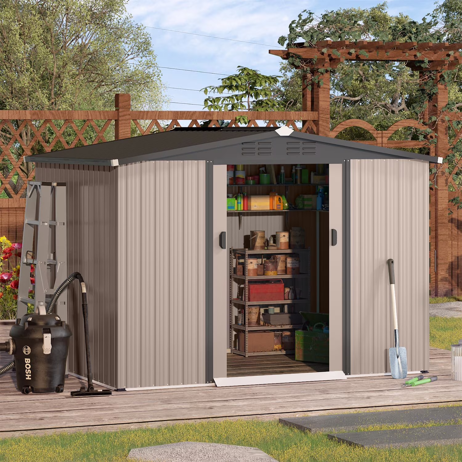 U-MAX 8 x 6 ft. Wood Grain Outdoor Metal Storage Shed with Lockable Door Patio Garden Storage Building for Outside - Image 6
