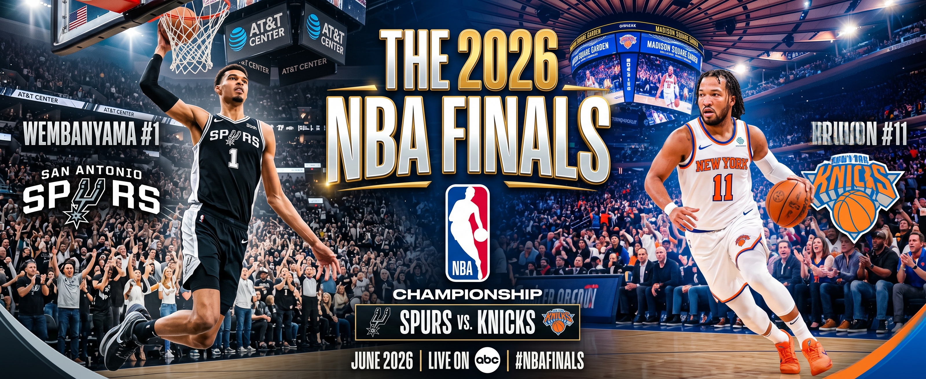 Official 2026 NBA Finals promotional banner for the Championship series, featuring a composite view of Victor Wembanyama of the San Antonio Spurs dunking in AT&T Center and Jalen Brunson of the New York Knicks dribbling in Madison Square Garden. Large gold text reads: 'THE 2026 NBA FINALS' with smaller text below: 'CHAMPIONSHIP' and 'SPURS VS. KNICKS'. Broadcast live on ABC. #NBAFinals.
