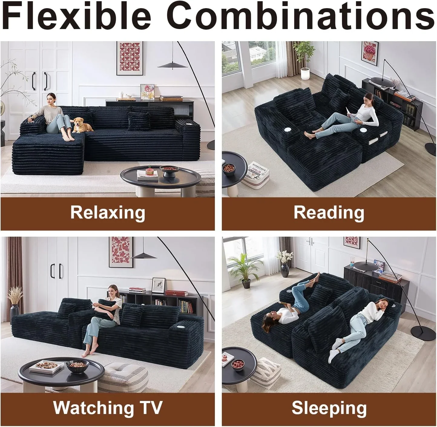 Cloud section sofa with L-shaped recliner modern modular sofa built-in cup holder