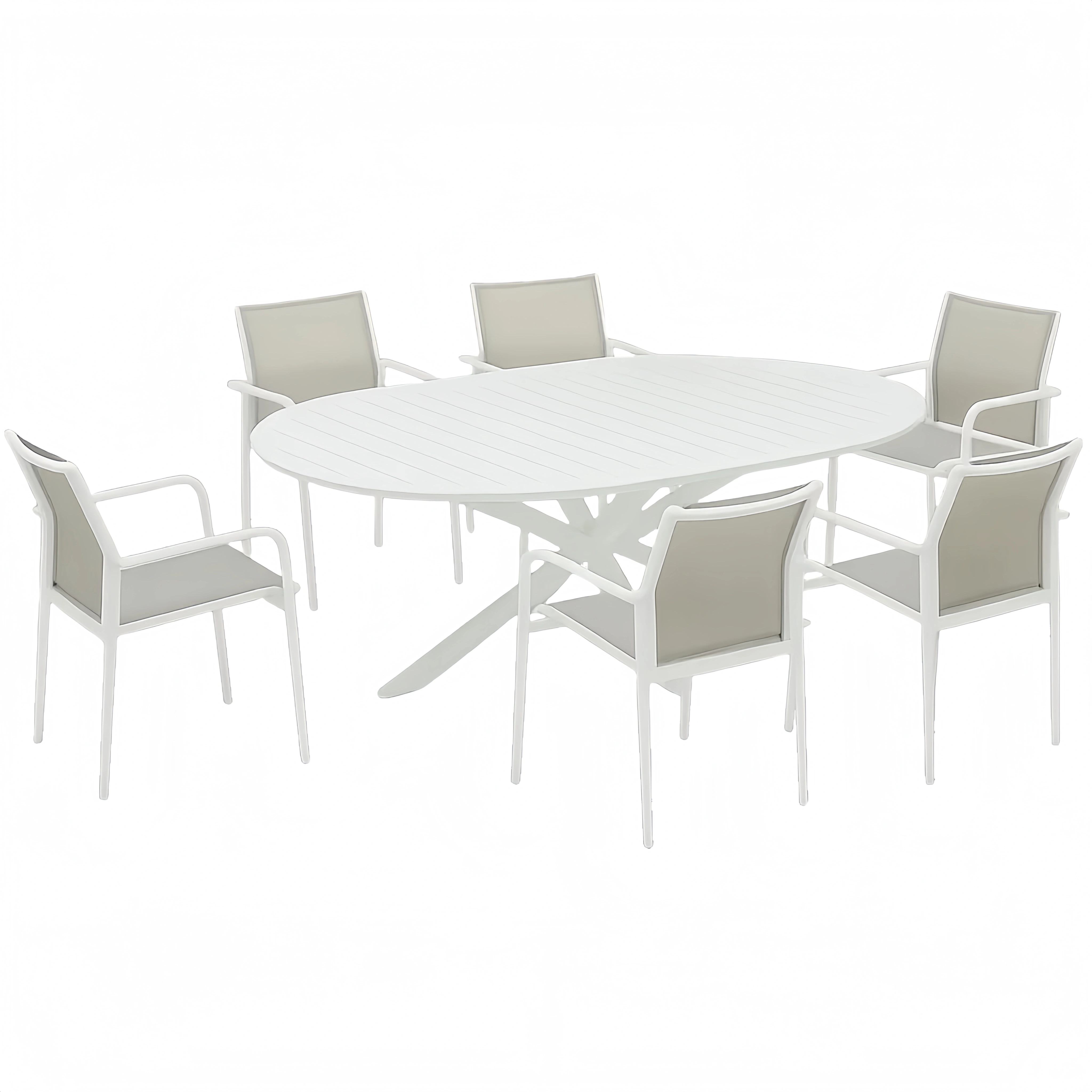Conjunto de comedor de jardín para 6 personas, Estructura metálica, 6 sillas con respaldo de textilene, 1 mesa ovalada, Blanco - xLhYjxn184Tu