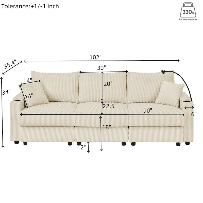 102 Corduroy Contemporary 3-Seater Sofa with Deep Seating, Cup Holders, and Phone Holder