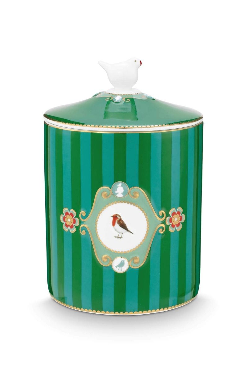 Storage Jar Love Birds Medallion Stripes Emerald/Green