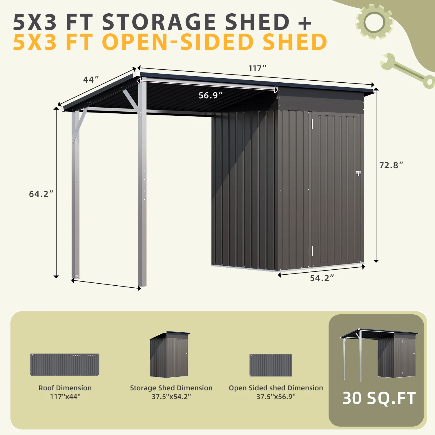 YODOLLA Outdoor Open-Sided Storage Shed, 3x5 Sheds & Outdoor Storage with 15 Sq. Ft Covered, 5x3 Small 2-in-1 Tool Shed with Attached Hardtop Metal Pergola Gazebo - Image 2