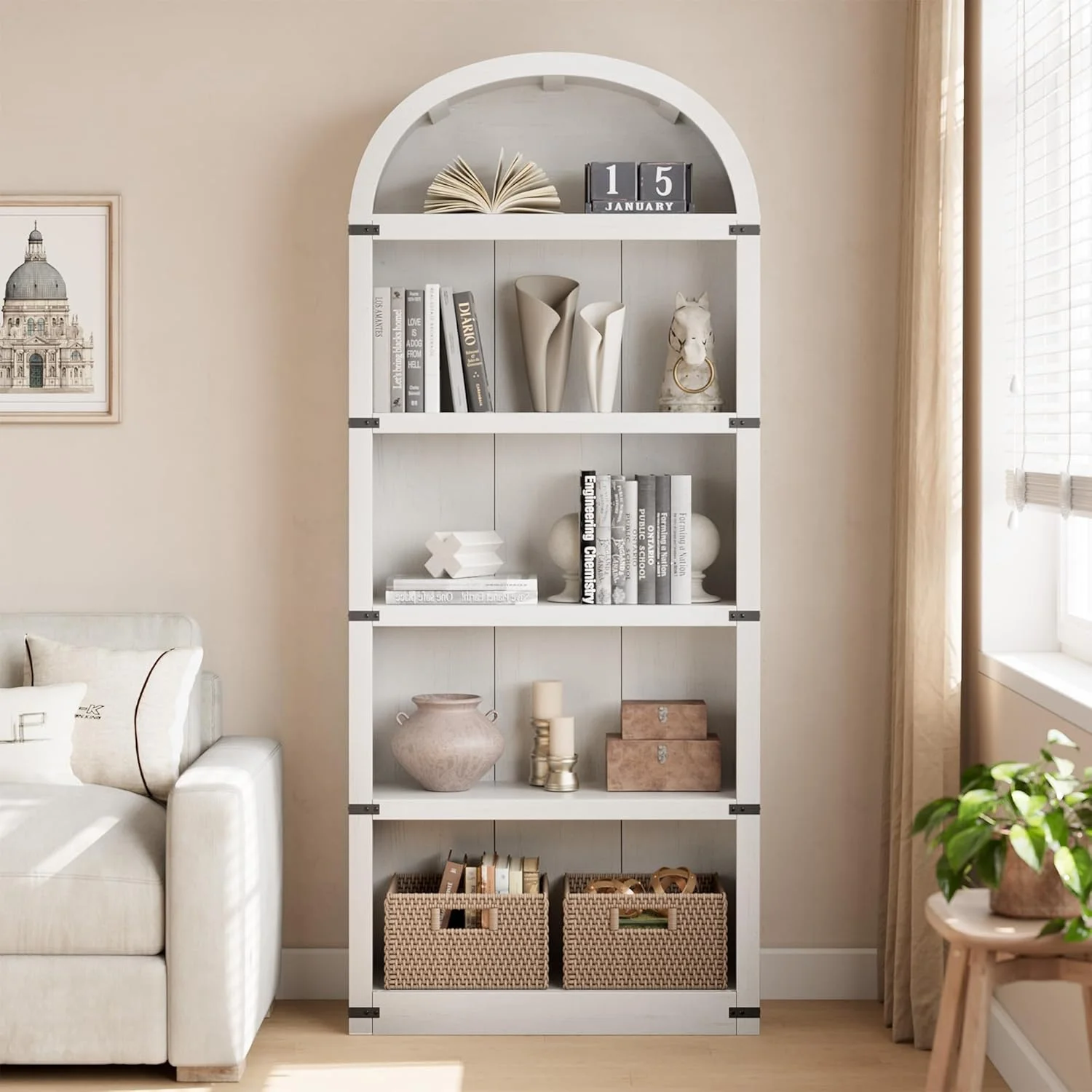 Bookcase 5 Shelf Arched Bookshelf 71.65in Tall Bookcase Farmhouse Display Storage Rack Wooden Bookshelves for Home Office, Living Room(white) - Image 4