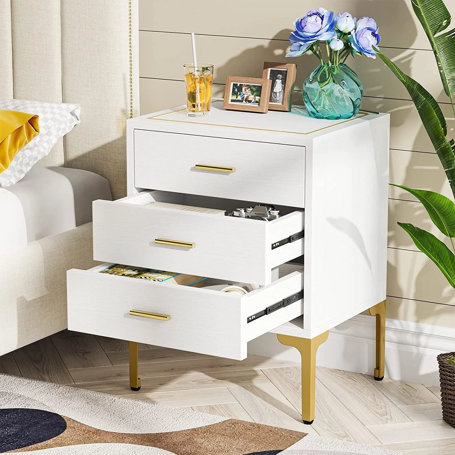 White Gold Nightstand, Modern 3 Drawers Bed Side Table for Bedroom 2 Pcs - Image 2