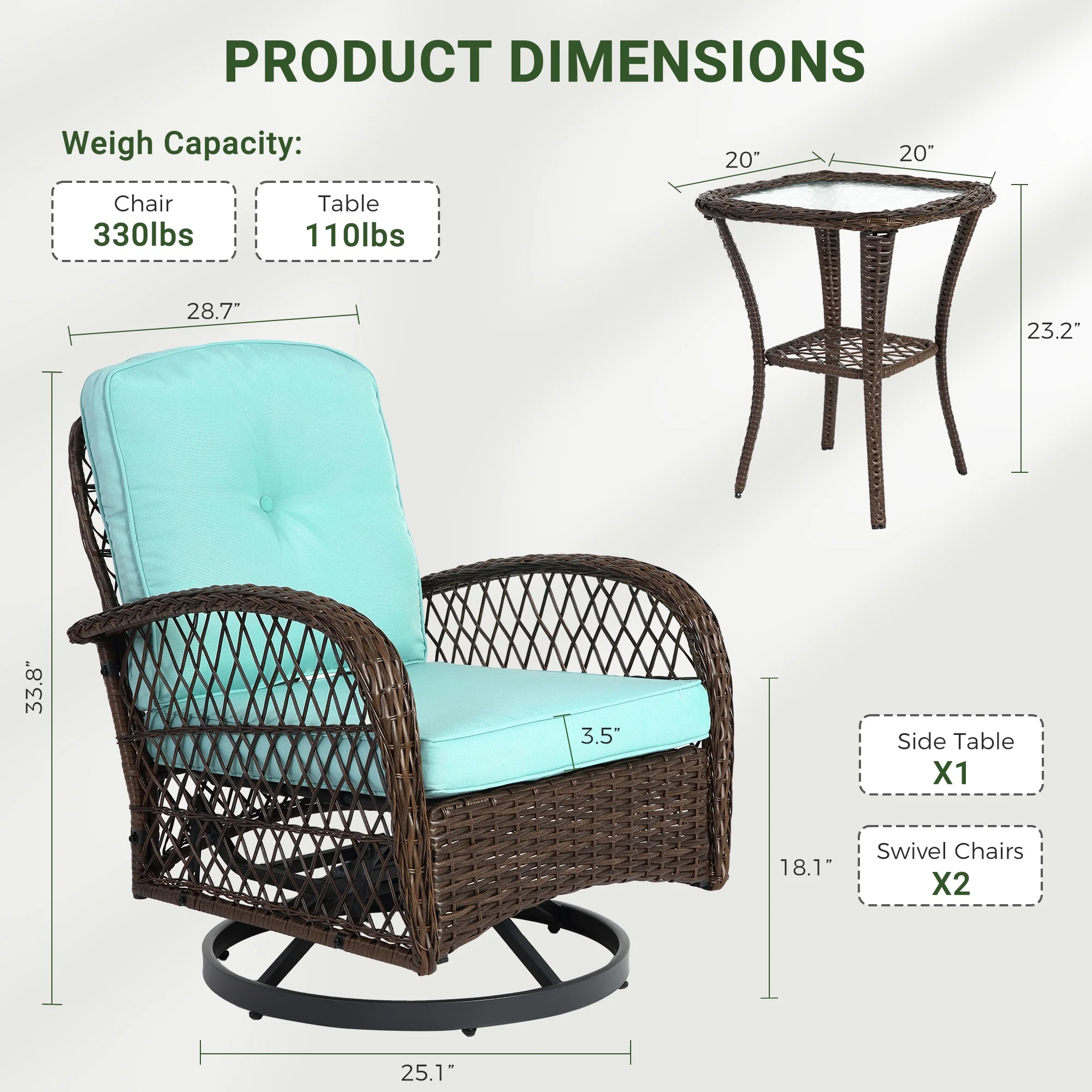 3 Piece Patio Swivel Rocker Chairs Set, 2 360-Degree Swivel Rocking Chairs with 1 Glass Top Table, PE Rattan Outdoor Bistro Set with Cushions for Balcony Deck Poolside Backyard Porch - Image 27