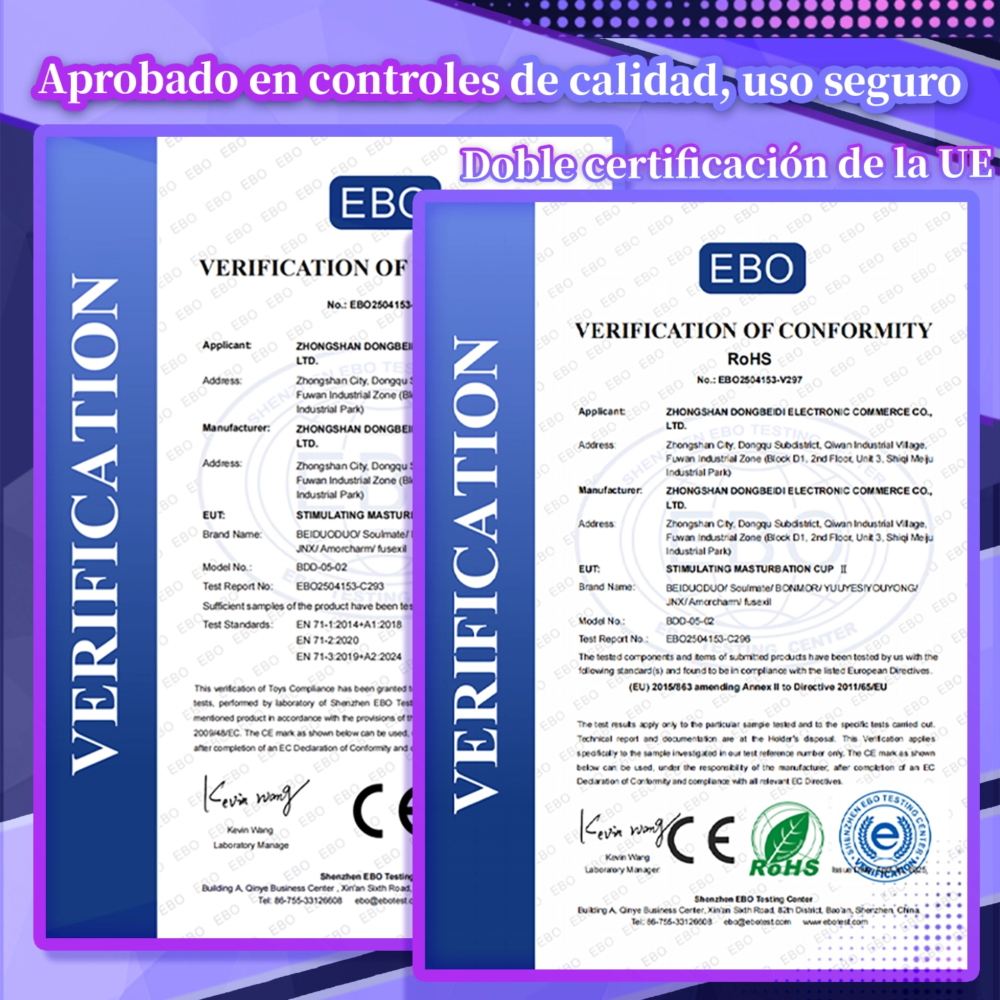 Documentos de verificación de conformidad y certificación RoHS del producto Dr.YUU emitidos por EBO Testing Center.