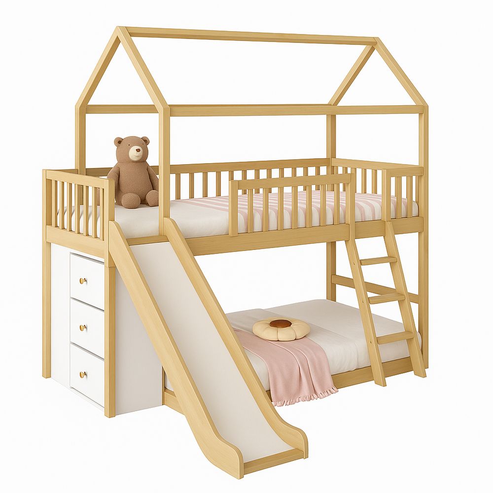 Cama literaria de madera con tobogán, cama alta estilo casa, muebles infantiles funcionales y modernos, estructura resistente