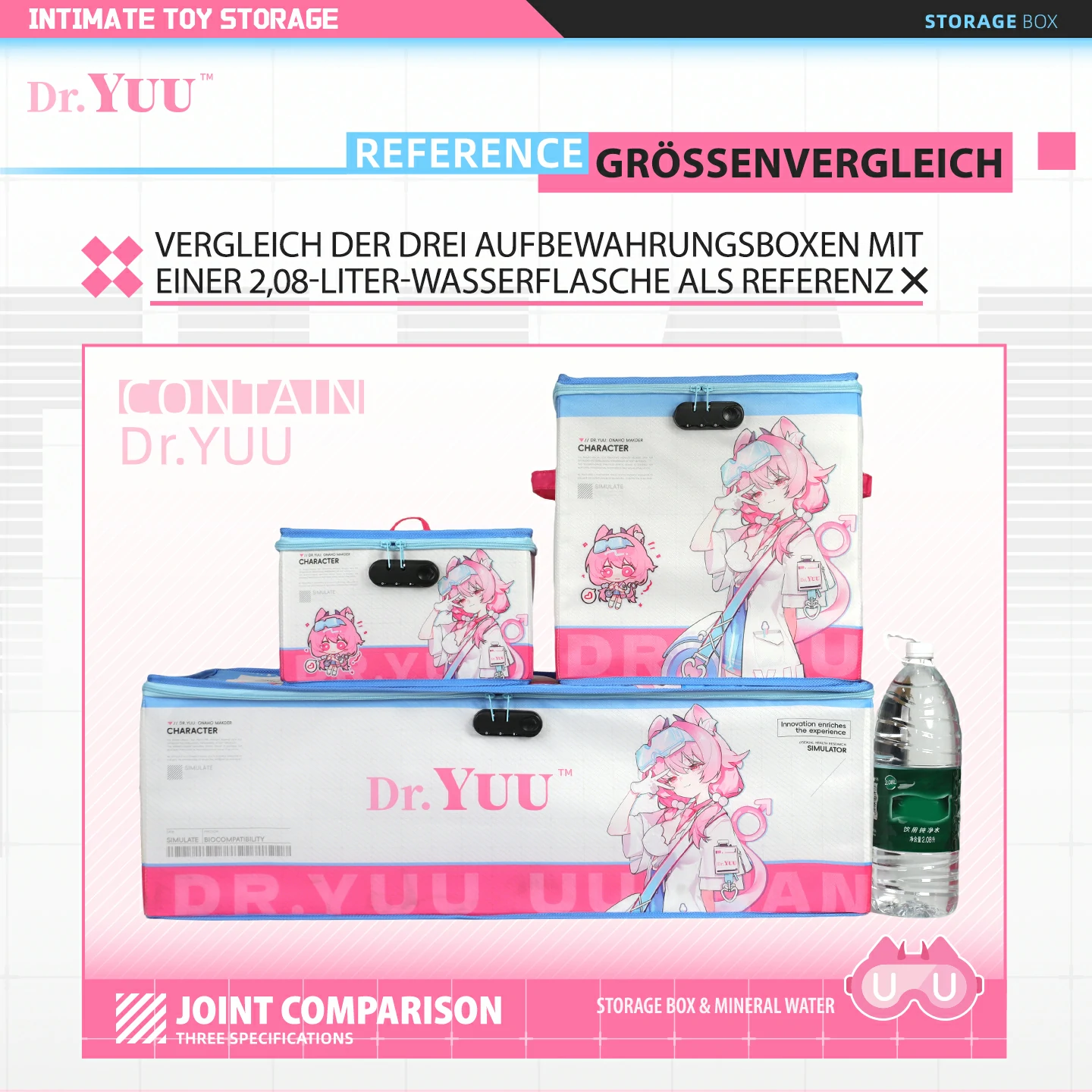 Größenvergleich der drei Dr.YUU Aufbewahrungsboxen für Intimspielzeug mit einer 2,08-Liter-Wasserflasche als Referenz