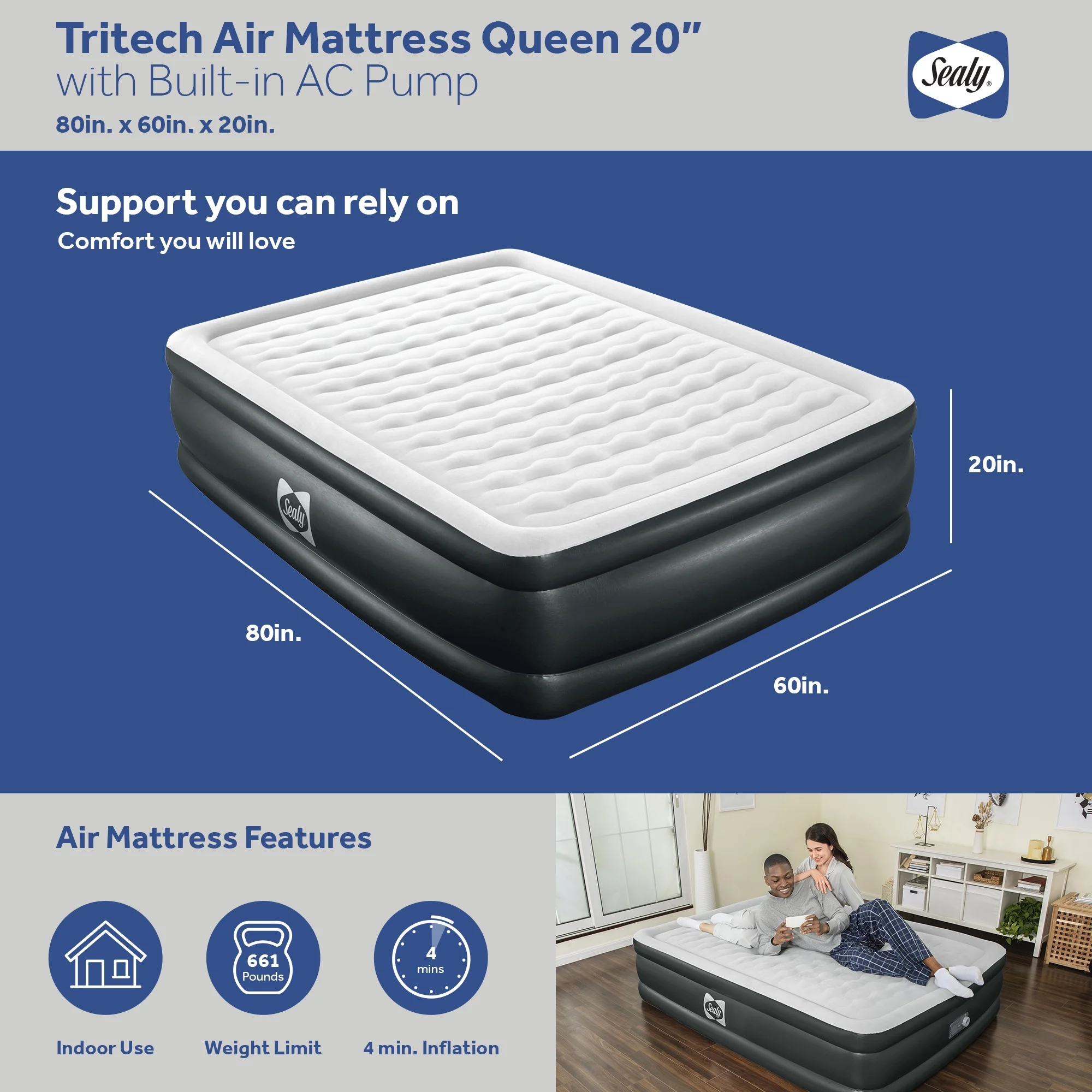 Sealy Tritech 20" Air Mattress Inflatable Bed Twin with Built-In AC Pump - Image 14