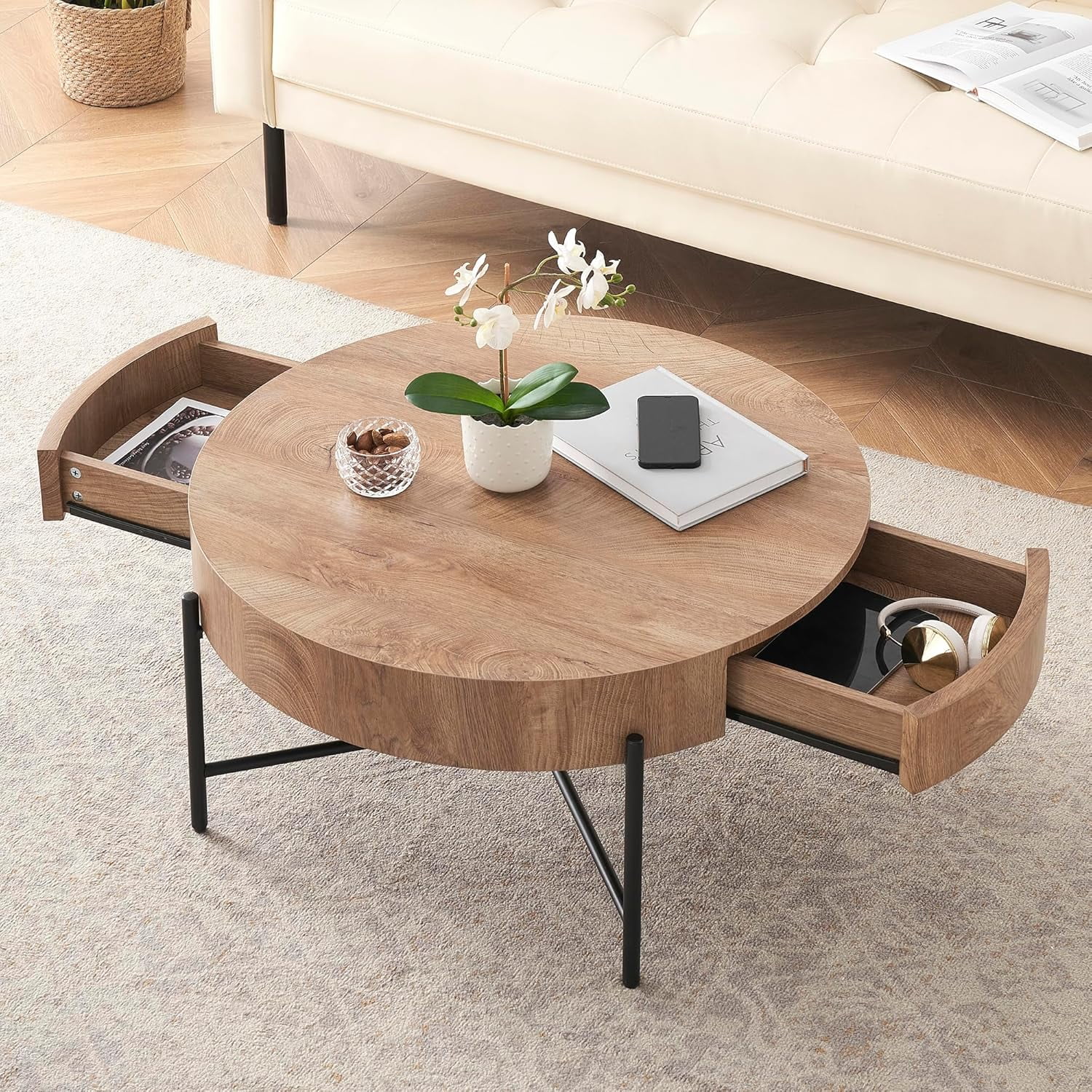 Round Coffee Table with Drawers Circle Living Room Table Wood Accent Coffee Table with Storage White Center Table (Natural) - Image 10