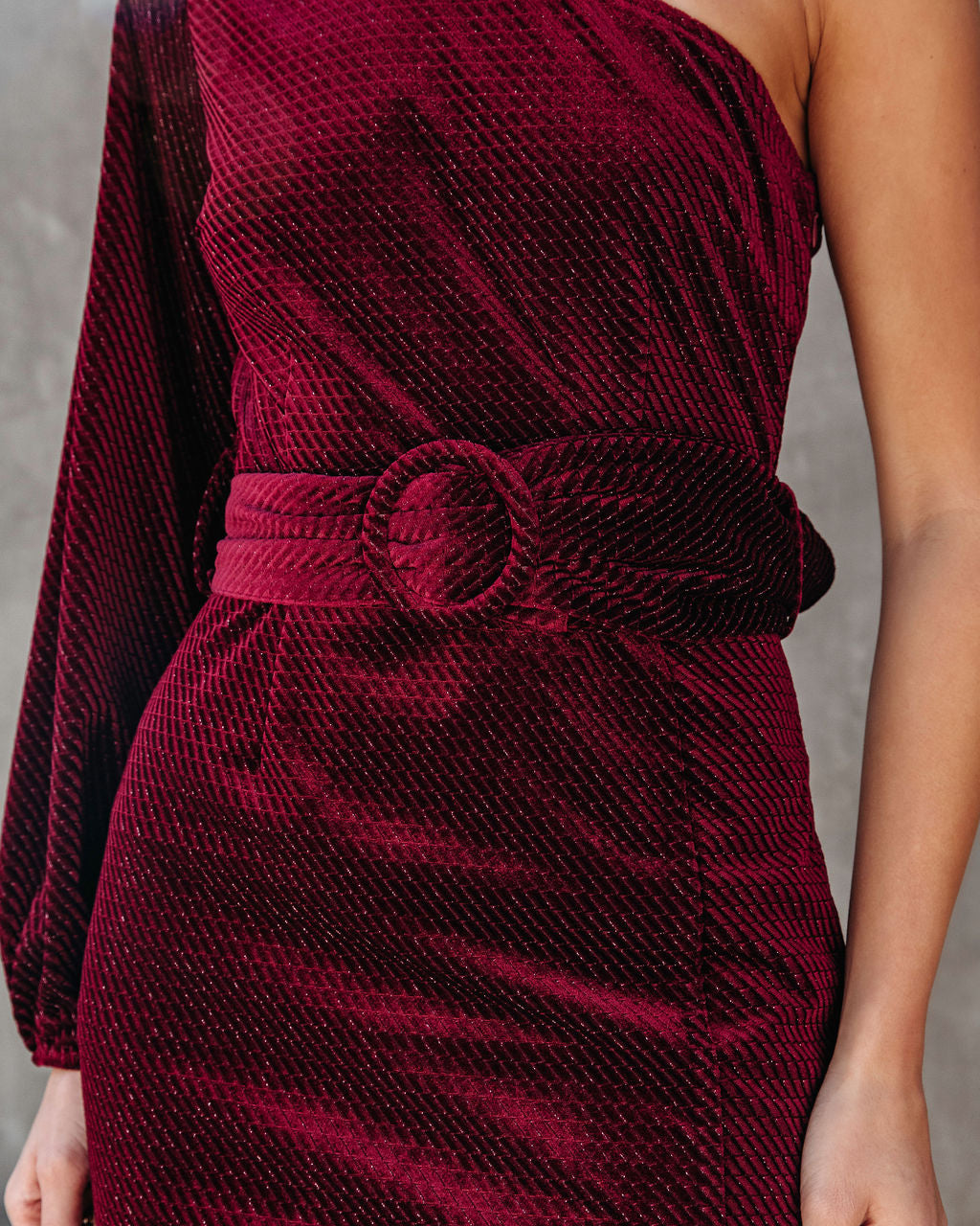 Honestly Breathtaking One Shoulder Belted Textured Velvet Midi Dress - Wine - Se7enfashion