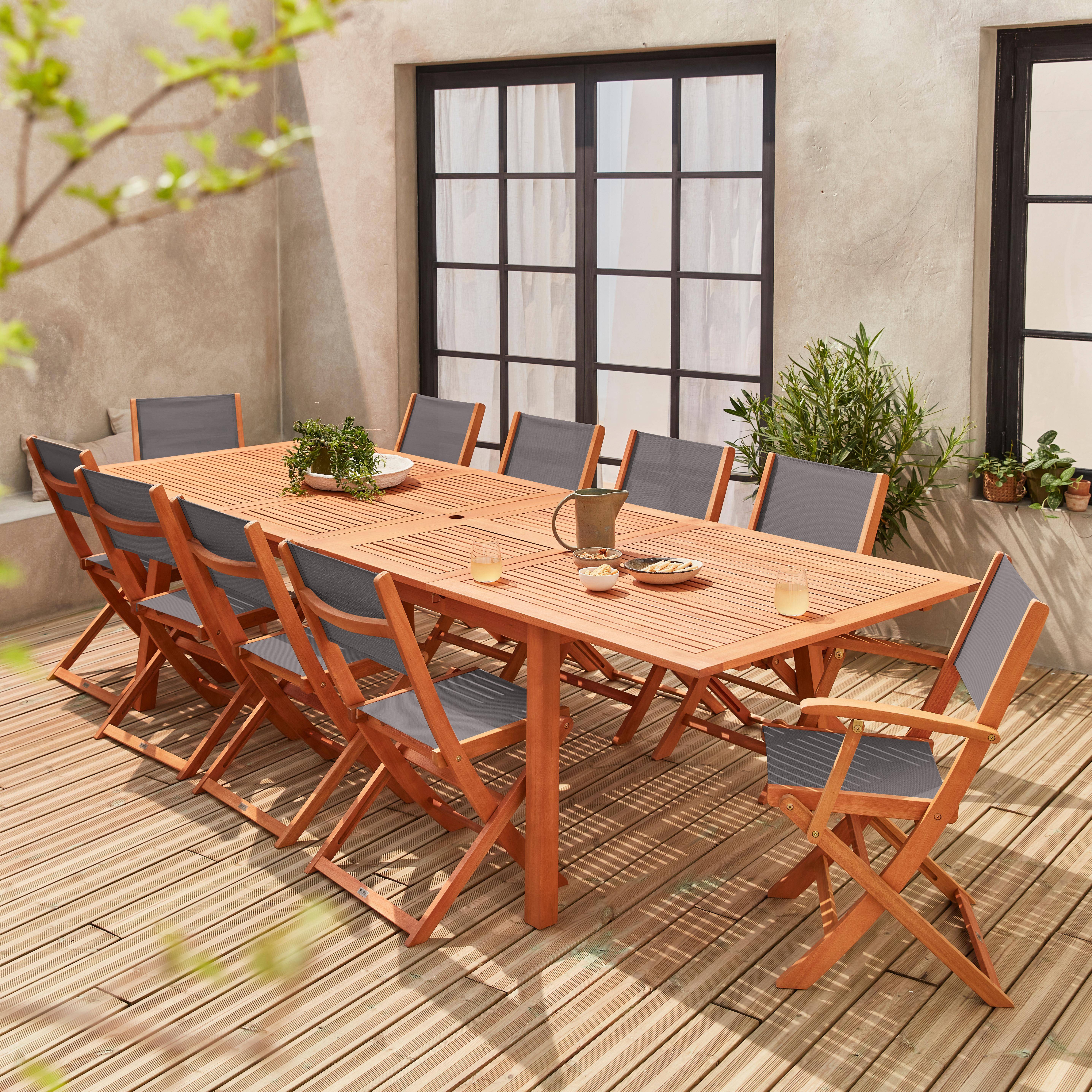 Almeria - Mesa de jardín extensible de madera + 10 sillas