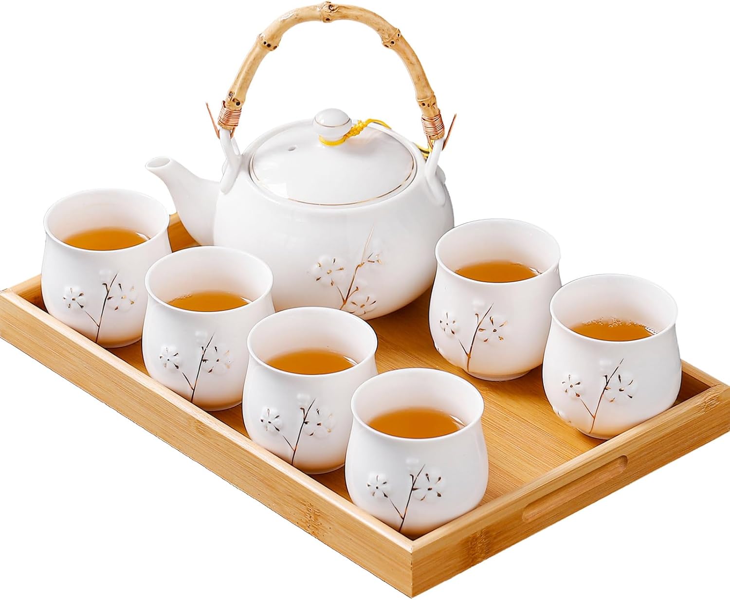 Traditional Japanese tea set, Kiln altered glaze Porcelain tea set with 1 Teapot, 6 Tea cups, 1 Tea Tray,Japanese teapot set, Asian tea sets (Kiln altered-Green)