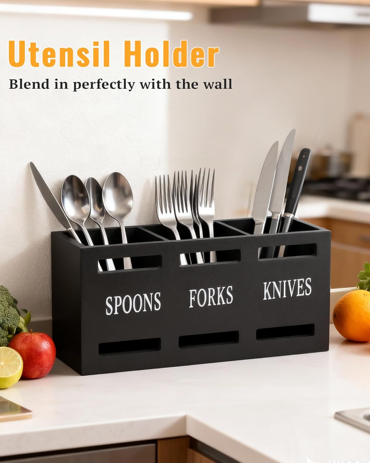 Kitchen Utensils Holder for Counter, Wooden Utensil Organizer for Storage Cooking and Silverware, Black Cooking Utensil Storage Box for Countertop,Wood Organizer with 3 Compartments,Rustic Minimalist.