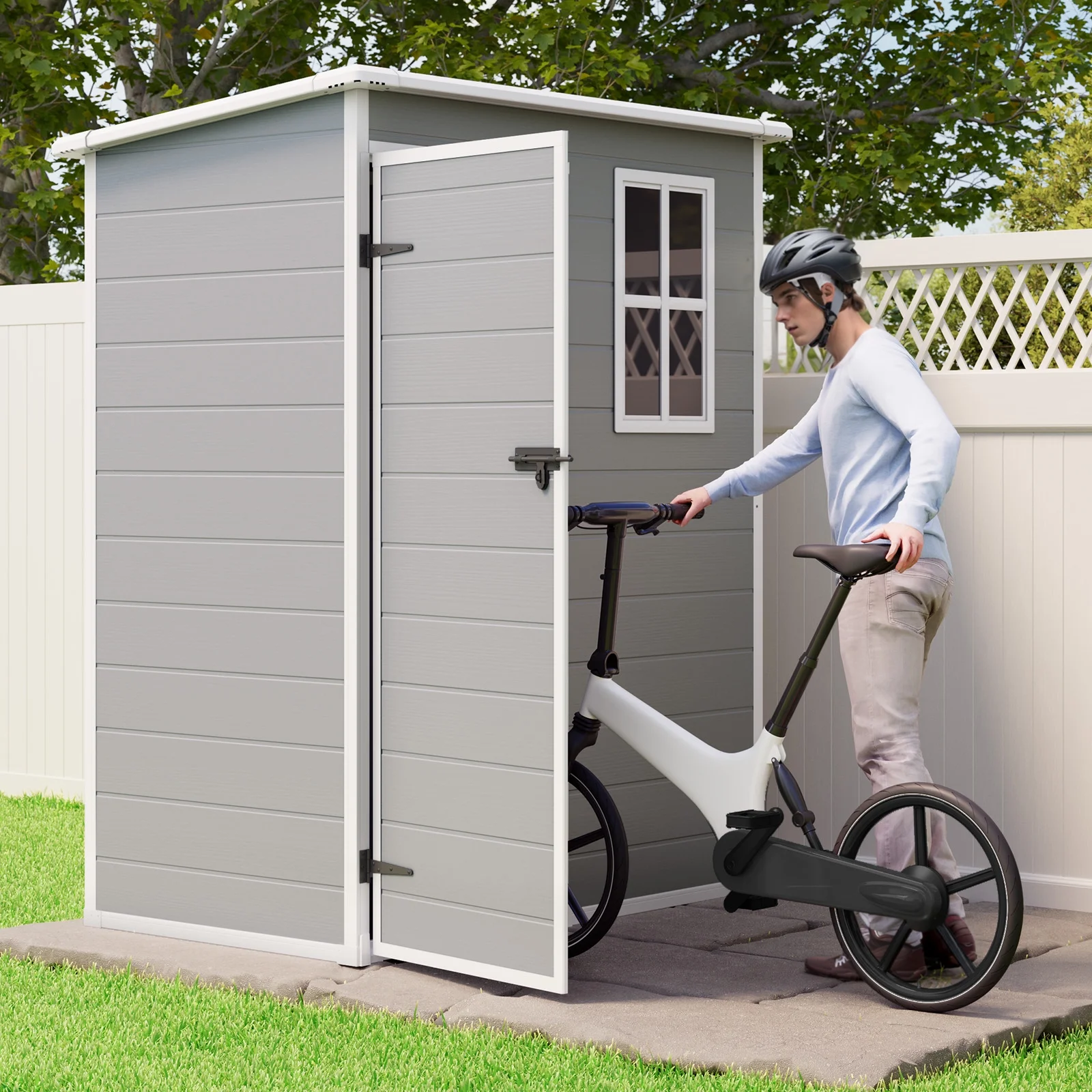 6x4 FT Resin Storage Shed, Lofka Plastic Outdoor Shed with Heavy Duty Floors, 135.6 cu ft, Colorfast, Side Window, Double Lockable Doors for Garden Backyard