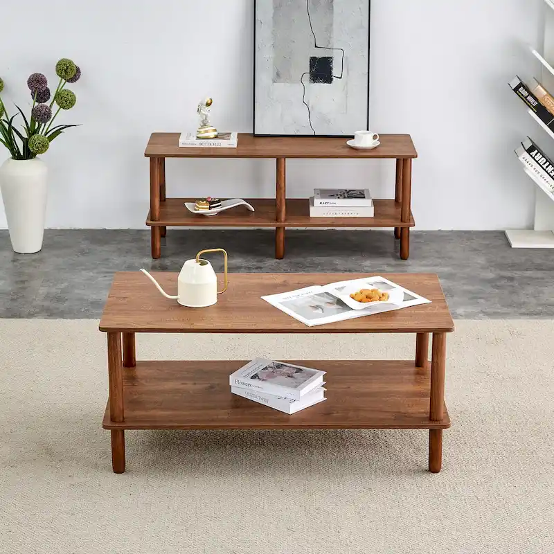 39-Inch Coffee Table with Two-Tier Design and Rubberwood Legs