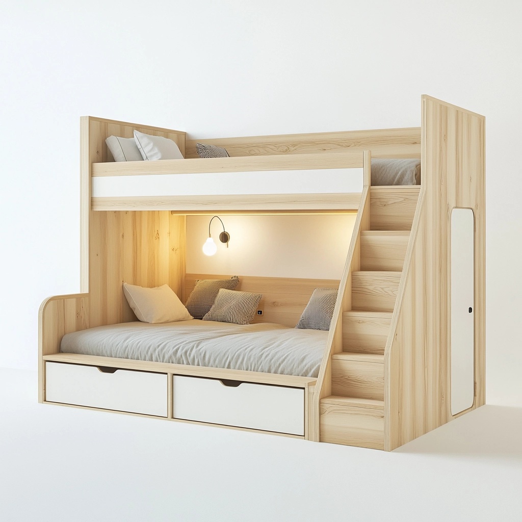 Litera infantil de madera para dormitorio con escalera y cajones color blanco/natural