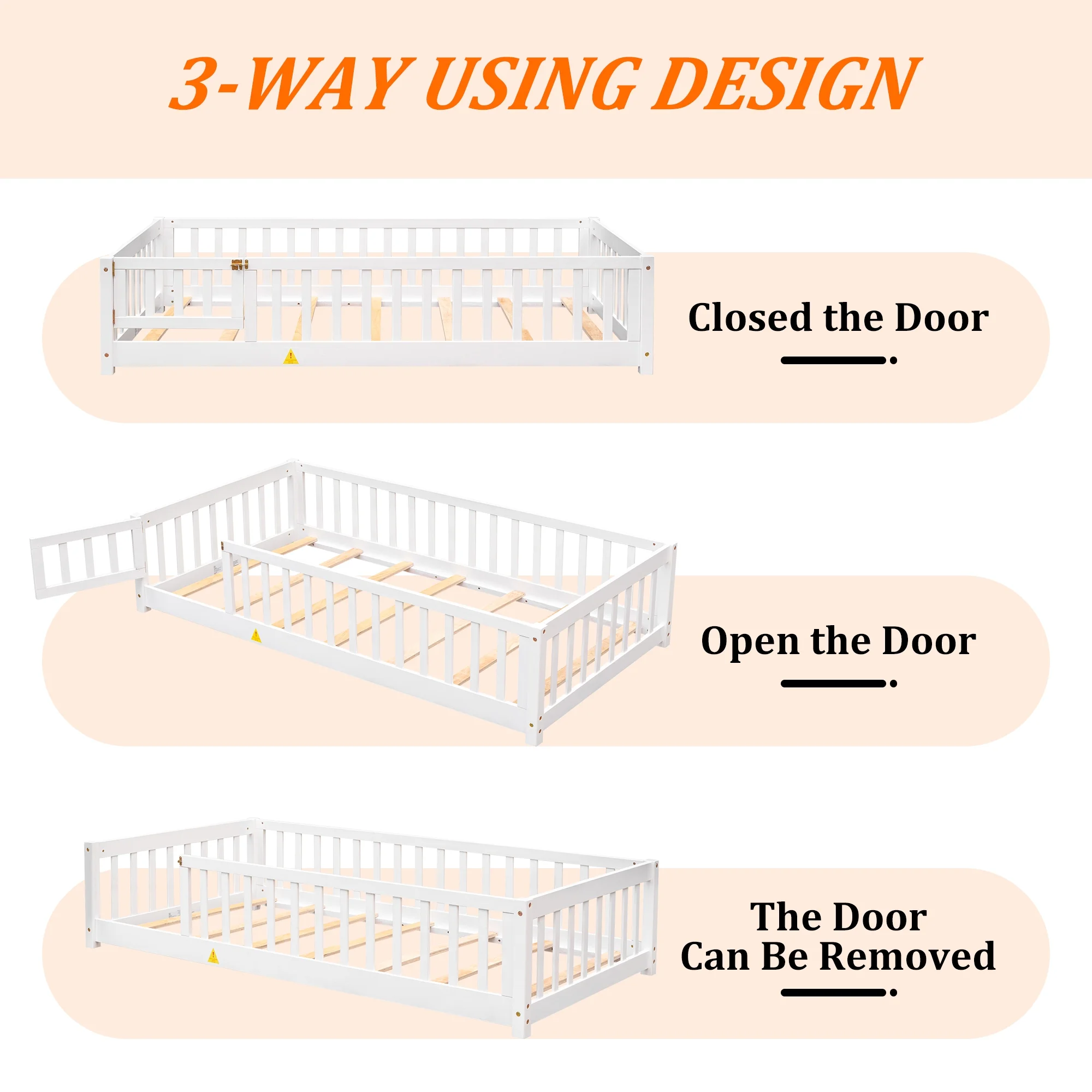 UHOMEPRO Twin Size Floor Bed with Door and Fence, Montessori Floor Bed with Slats and Safety Guardrails, Solid Wood Twin Bed Frame for Bedroom, White - Image 10
