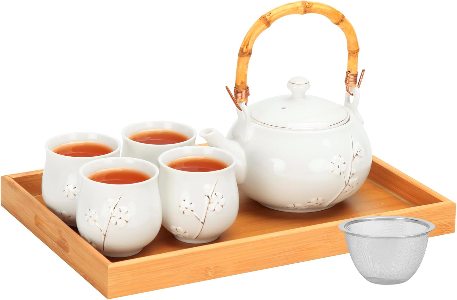 Japanese Tea Set Porcelain Tea Set with Teapot and Tea Cup Set for 4, Green and White Tea Sets for Adults with Stainless Infuser and Bamboo Tray, Asian Tea Set for Tea Lovers/Women/Men (Lotus)
