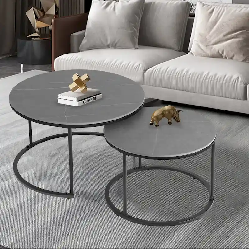 Round Sintered Stone Top Nesting Coffee Table with Black Metal Frame - 31.5 x 17.7 Inches